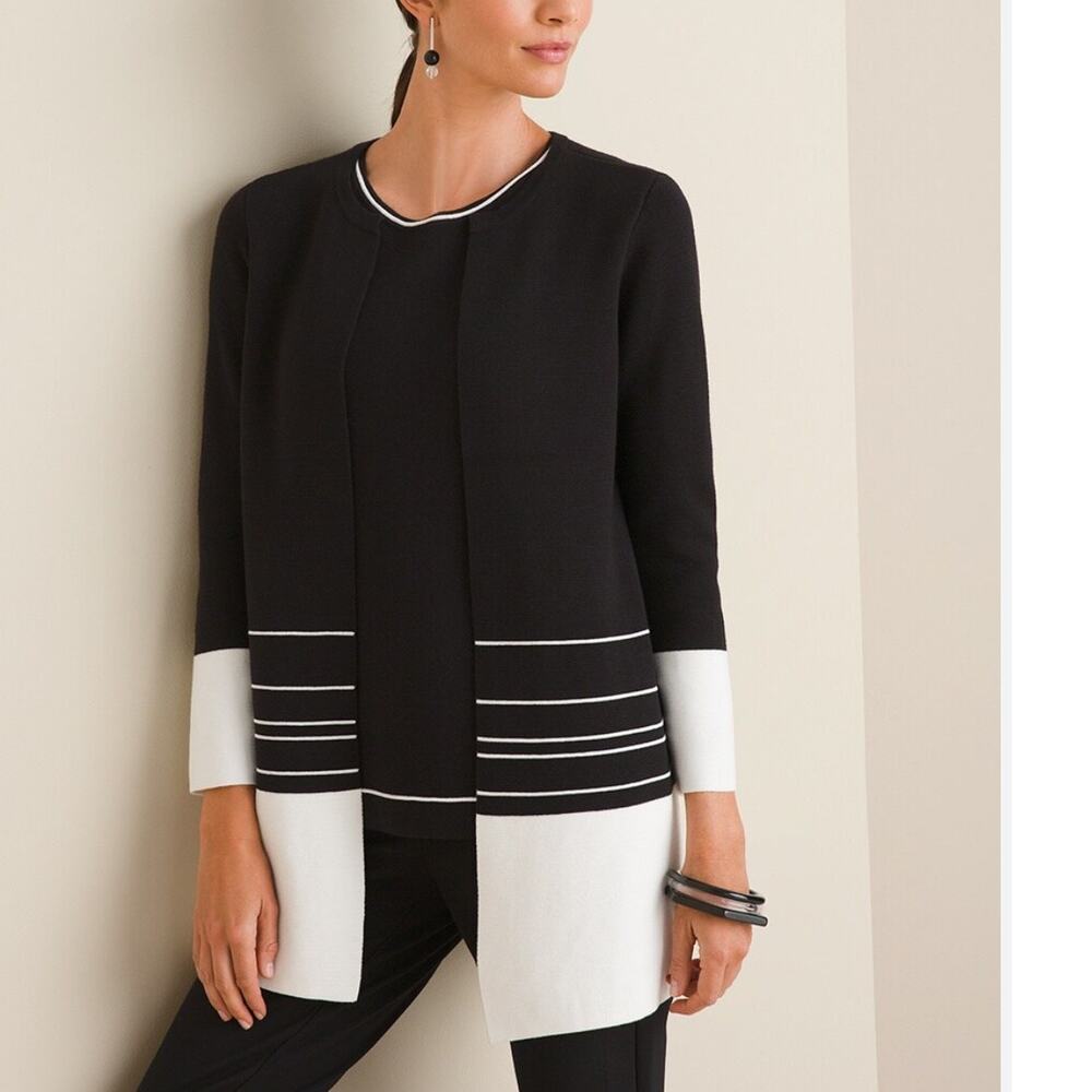 Chicos Colorblock Cardigan Size 2 (Women's Medium) Black Striped Sweater Topper